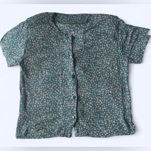 Vintage 80s Green Floral Cottagecore Button Up Short Sleeve Shirt Large